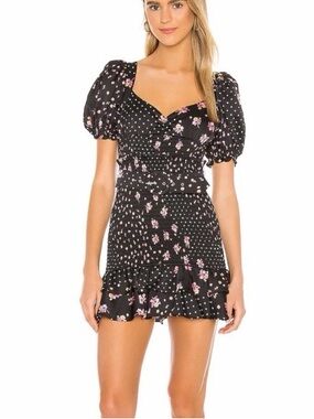 For Love & Lemons Camellia Black Floral Puff-Sleeve Mini Dress